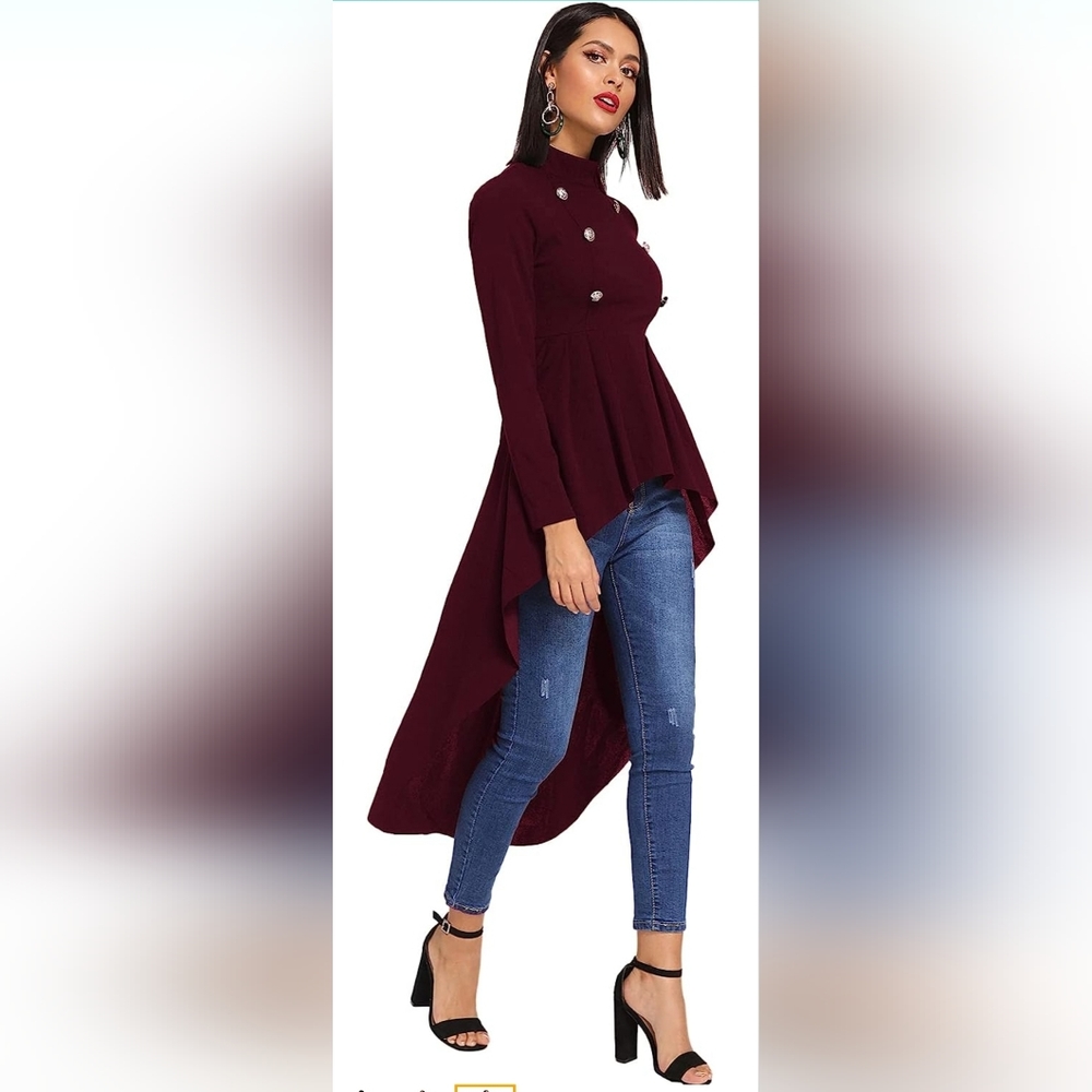 Women's Double Button Long Sleeve Round Neck Asymmetrical Blouse Tops - Picture 3 of 9